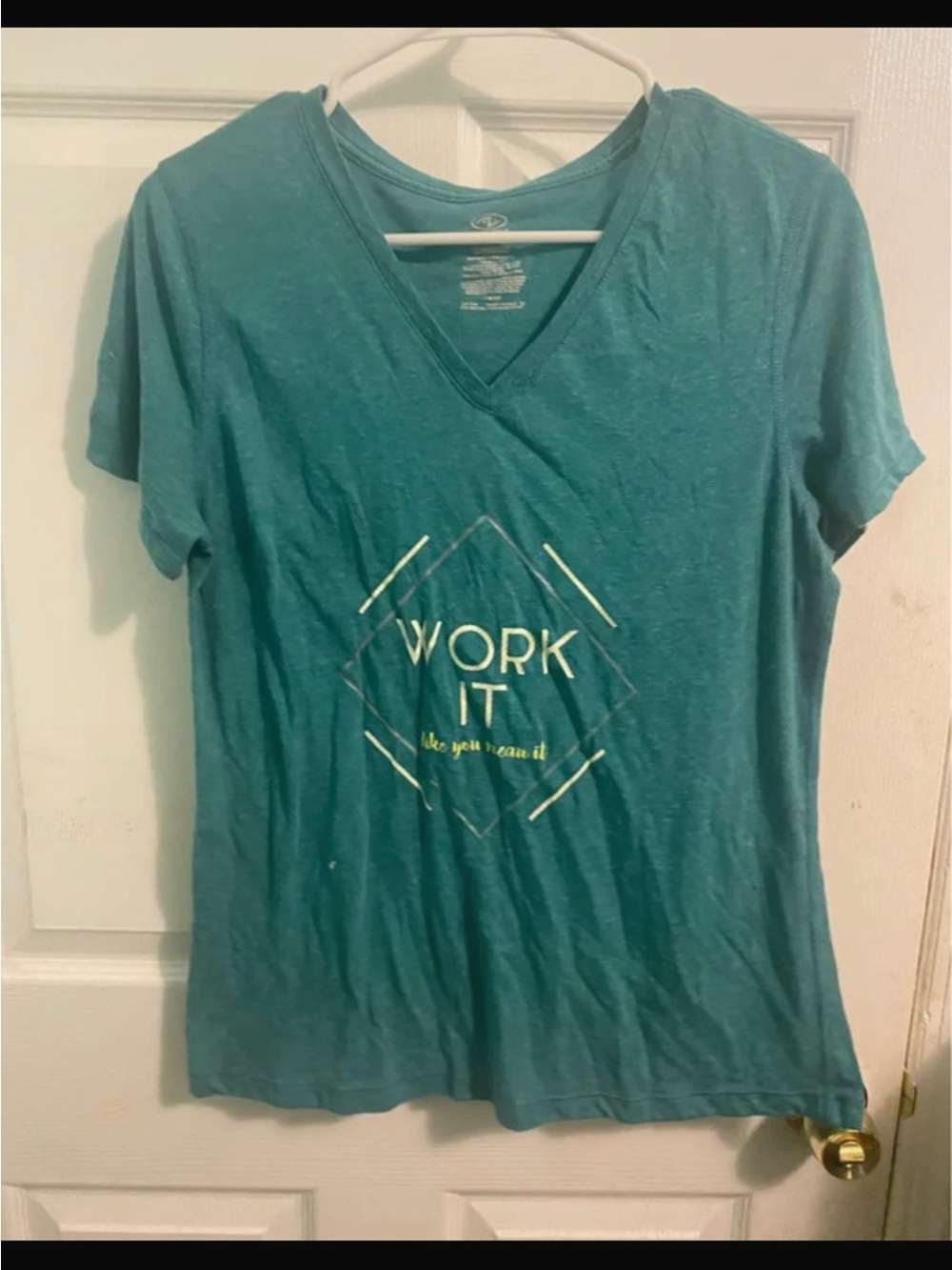 Women’s Teal V-Neck Tee with 'Work It' Graphic